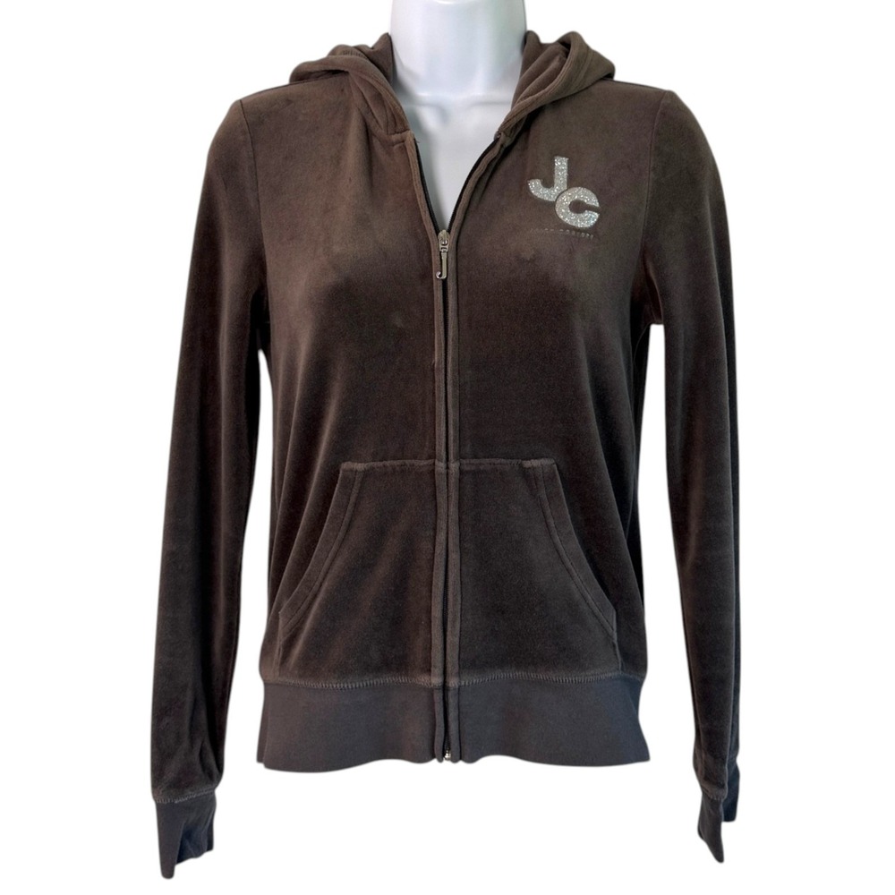 Juicy Couture‎ Y2K Rhinestone Logo Velour Zip Up Hoodie Sz XS McBling Paris